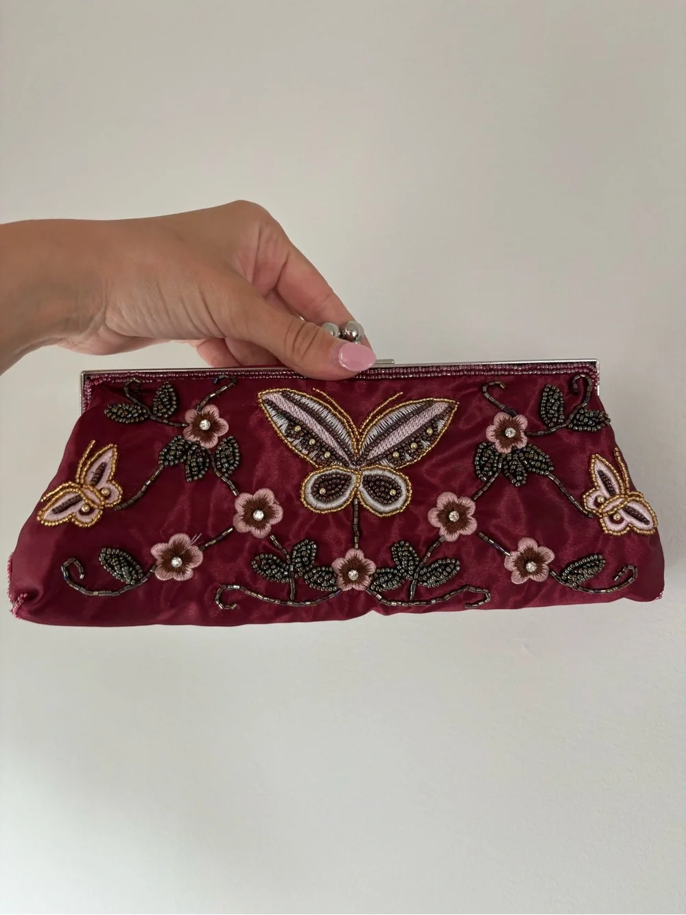 Y2K Embroidered Butterfly Satin Clutch - Burgundy